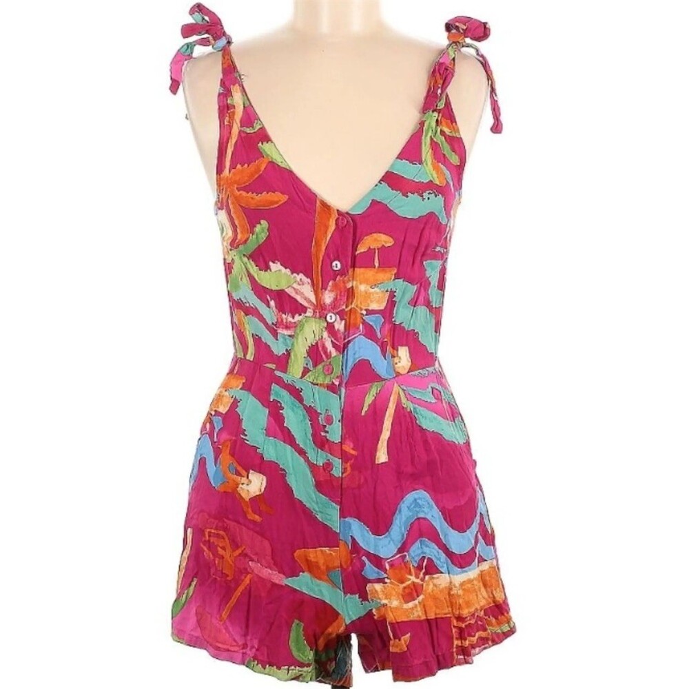C&C California Romper Womens XS Pink Tropical Palm Print Button Front